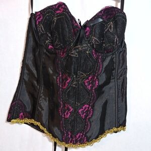 Weissman Black Bustier Corset with Fuchsia Embroidery and Gold Trim Size XL